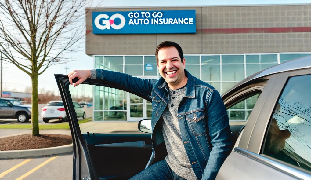 A smiling man sits in his car with the door open, parked in front of a Go to Go Auto Insurance office with large glass windows.