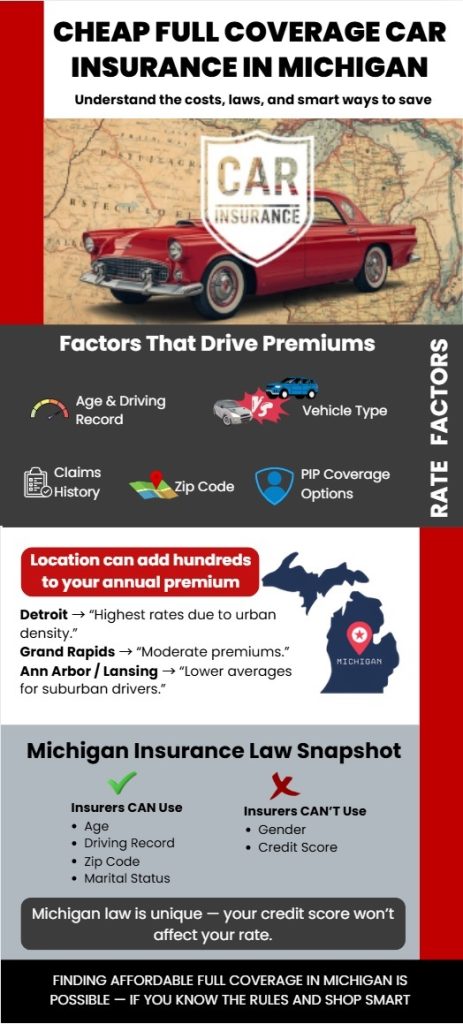 Infographic showing factors, laws, and savings tips for cheap full coverage car insurance in Michigan