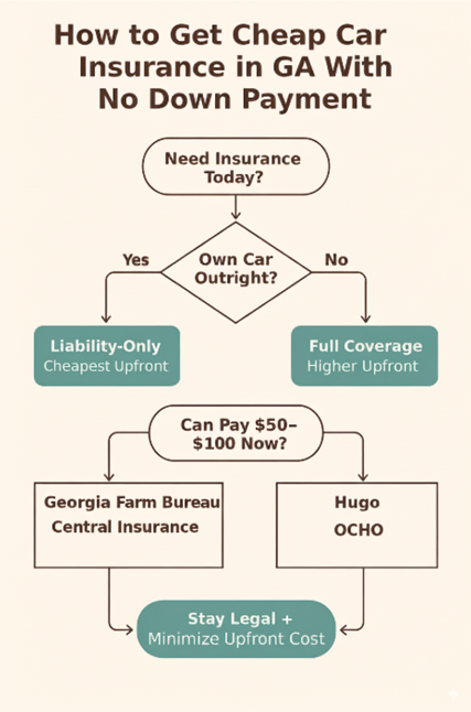 Flowchart titled ‘How to Get Cheap Car Insurance in GA With No Down Payment.’ It guides users through questions about needing insurance today, owning a car outright, and ability to pay $50–$100 upfront. It suggests liability-only coverage through Georgia Farm Bureau or Central Insurance, or full coverage options from Hugo or OCHO, ending with the goal to stay legal and minimize upfront cost.