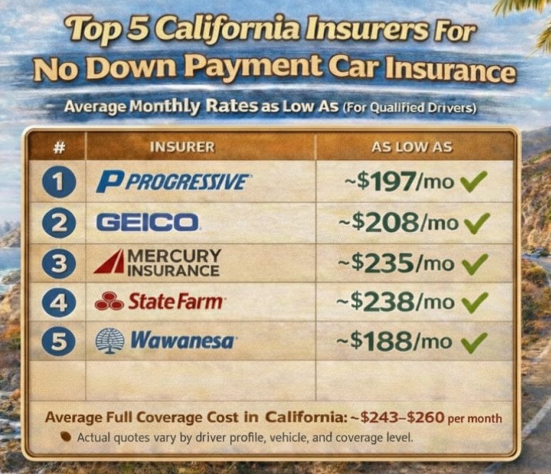 Top 5 California Insurers for No Down Payment Car Insurance