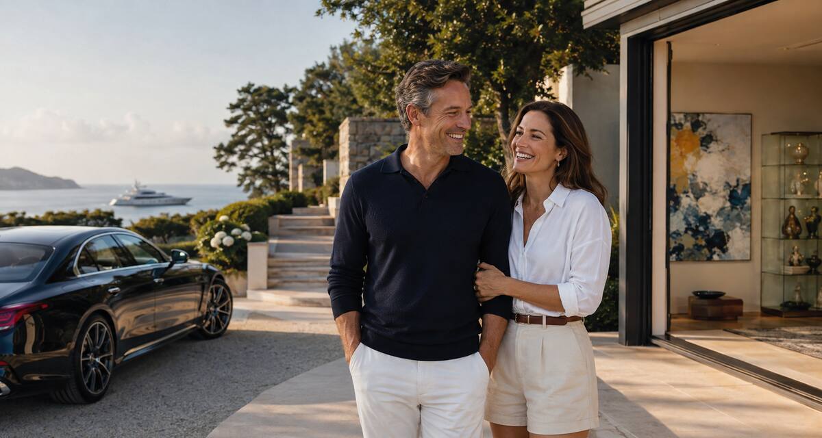 Happy couple near a luxury home, high-end car and yacht representing Vault insurance coverage